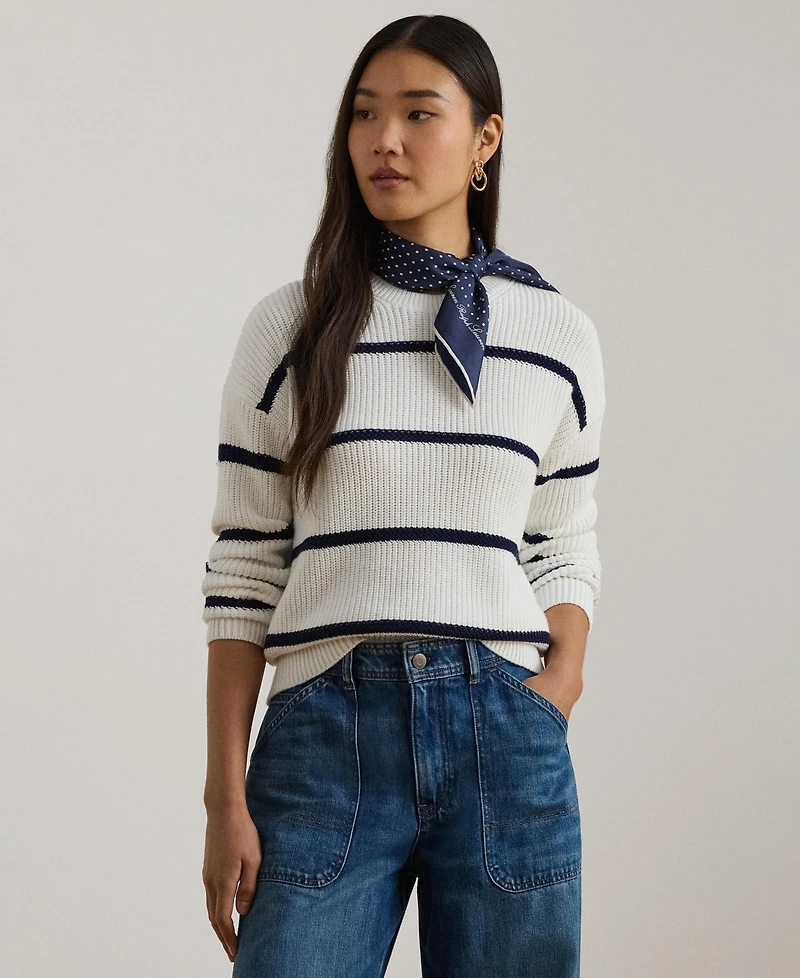 Lauren Ralph Women's Striped Rib-Knit Cotton Crewneck Sweater