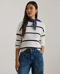 Lauren Ralph Women's Striped Rib-Knit Cotton Crewneck Sweater