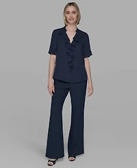 Karl Lagerfeld Paris Women's V-Neck Ruffle Front Top