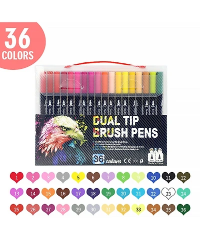 Htutwoo 36 Colors Dual-Tip Water-Based Marker Pens – No Bleed, Fine & Brush Tips for Art, Drawing, Diy | School & Office Supplies