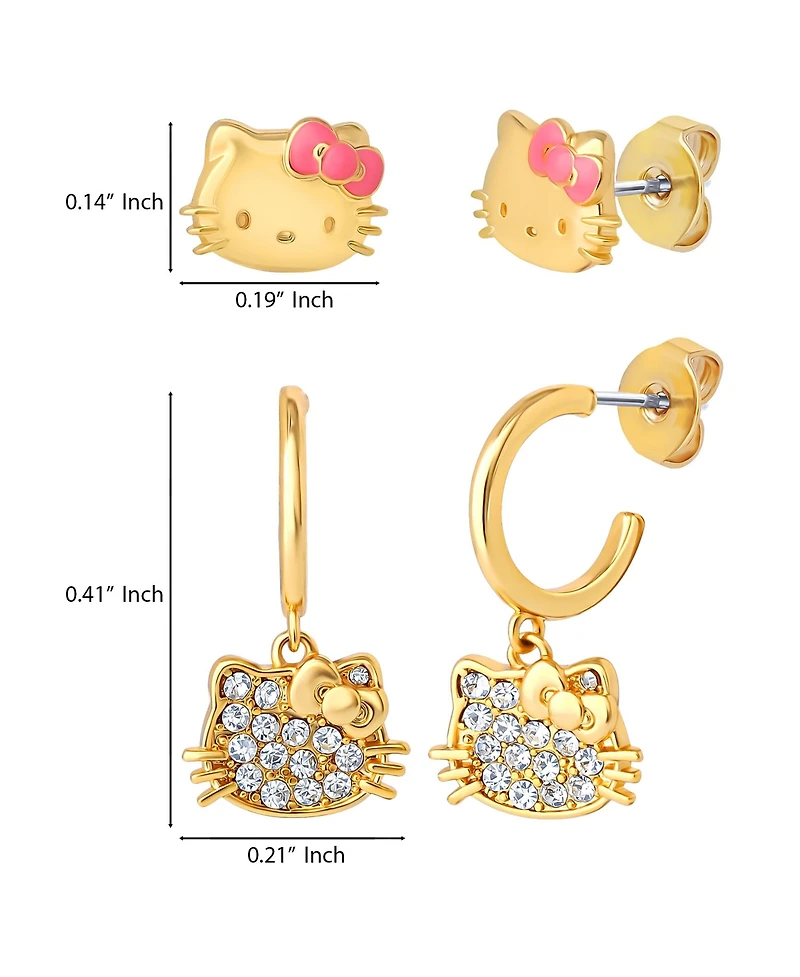 Hello Kitty Earring Set, 2-Pair, Gold-Tone Studs & Pave Dangle Hoops