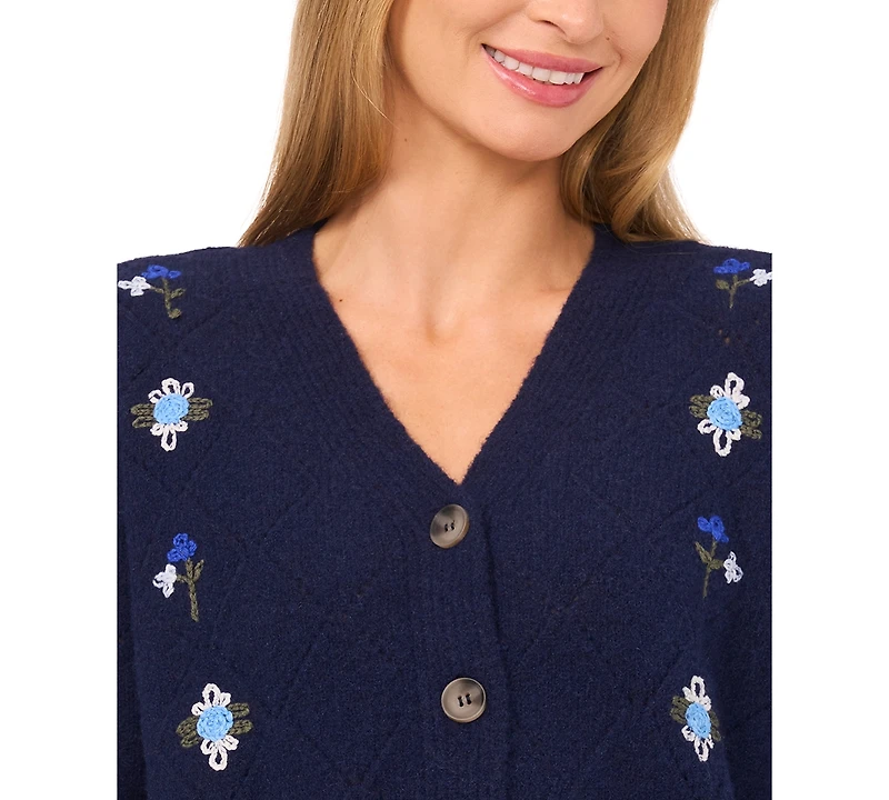 CeCe Women's Flower Embroidery Long-Sleeve Cardigan Sweater