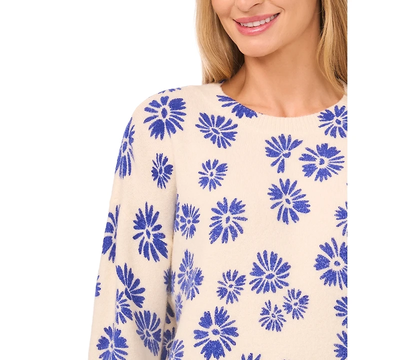 CeCe Women's Flower Print Long-Sleeve Sweater
