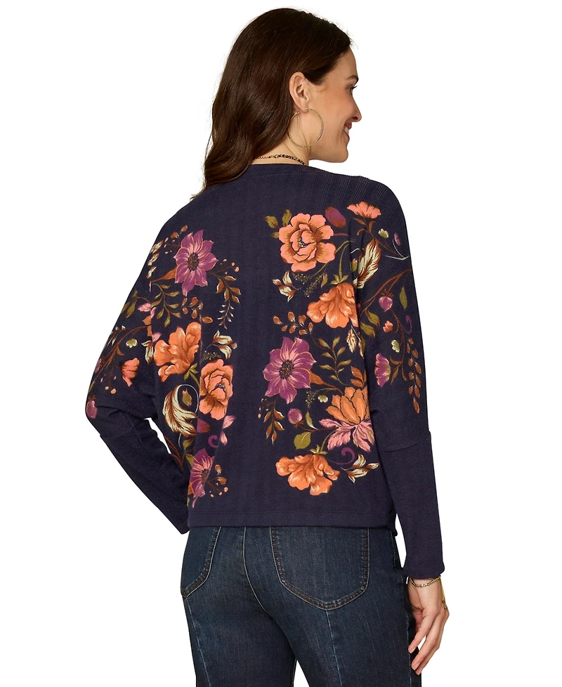 Democracy Petite Long-Sleeve Batwing Surplus Placement Print Knit Top