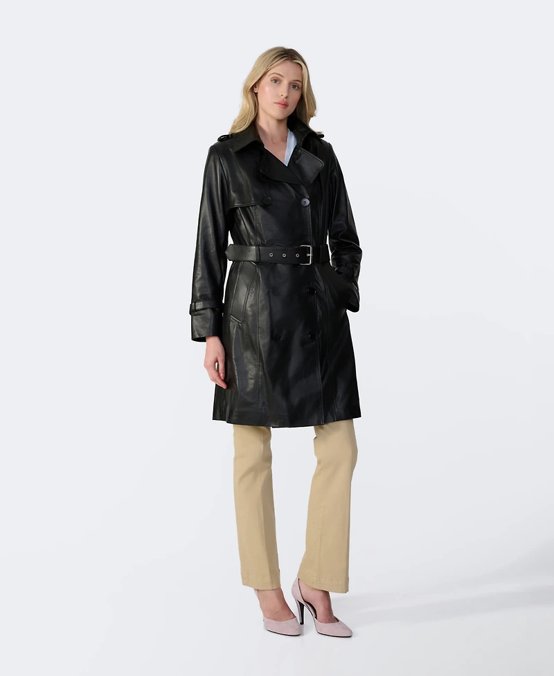 Furniq Uk Women's Genuine Leather Trench Coat, Black