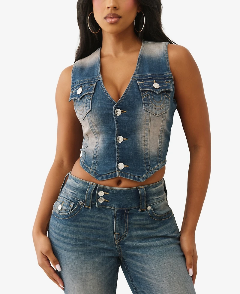 True Religion Women's Faded Wash Denim Vest
