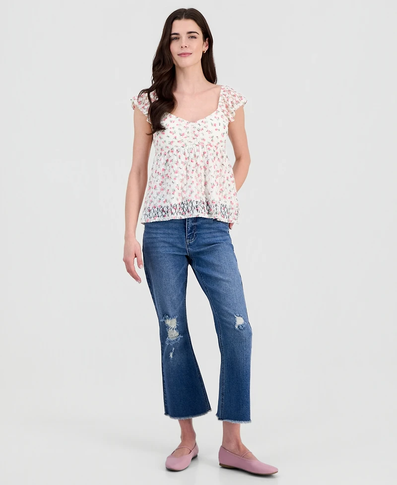 Sincerely Jules Juniors' Floral Lace Flutter-Sleeve Babydoll Top