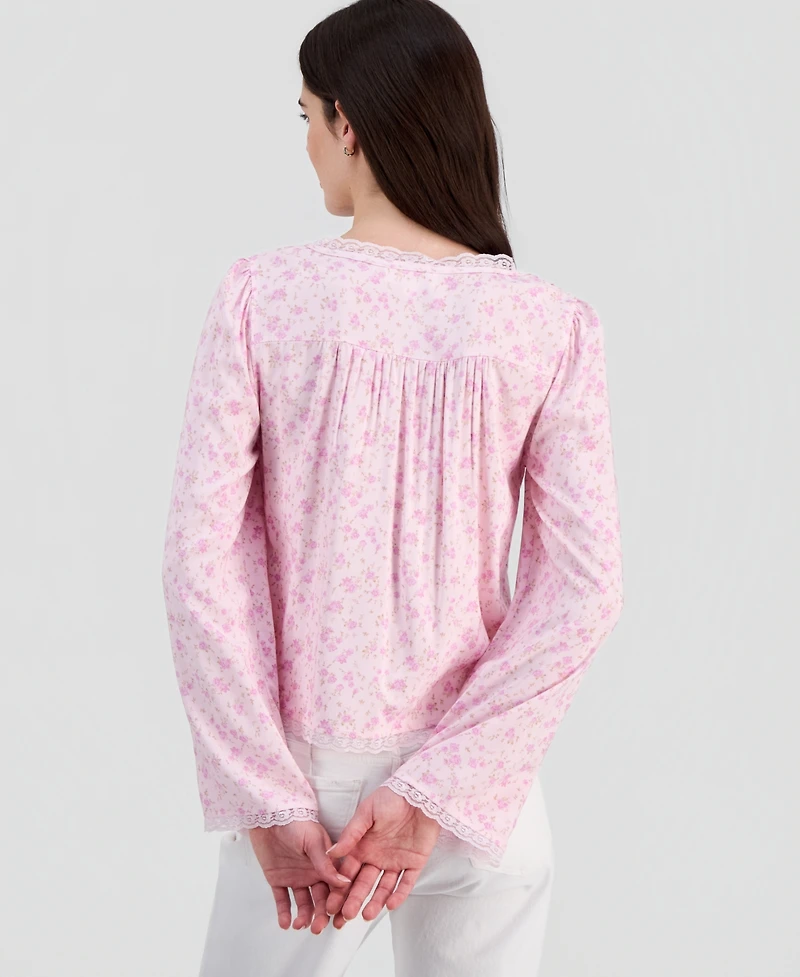 Hippie Rose Juniors' Lace-Trim Floral-Print Pintucked Top