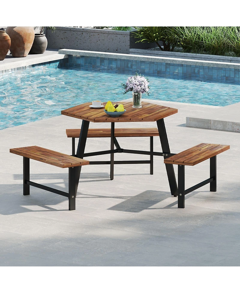 Gymax 6 Person Acacia Wood Picnic Table Bench Set w/3 Seats Umbrella Hole Metal Frame