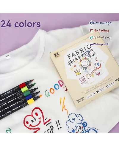 Htutwoo 24 Colors Fabric Paint Art Permanent, for Baby Clothes, Onesies Bibs, White Pillow, Canvas and Tote Bags