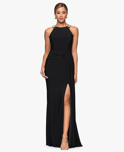 Xscape Women's Halter Neck Jewel Straps Long Dress