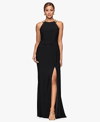 Xscape Women's Halter Neck Jewel Straps Long Dress