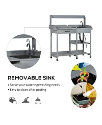 Outsunny Potting Bench Table, Includes Removable Outdoor Sink Station with Hose Hook Up, Wooden Work Station with Faucet, Drawer, Shelves, Hooks, Gray