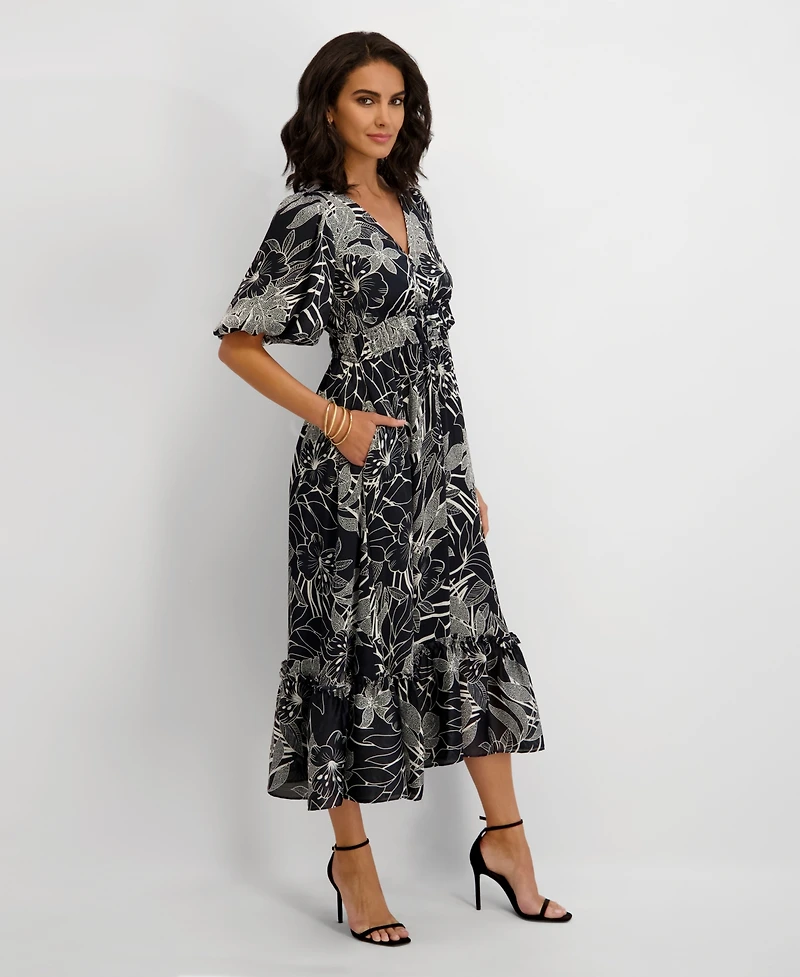 kensie Women's Floral-Print Puff-Sleeve Maxi Dress