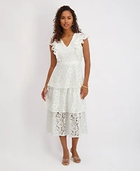 kensie Women's Tiered Lace Midi Dress