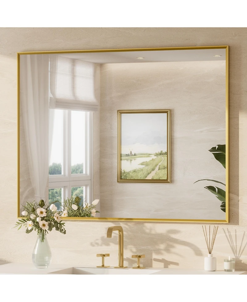 Keonjinn 54x30 Inch Brushed Gold Bathroom Vanity Mirror Metal Framed Over Sink Wall Mirror Horizontal/Vertical
