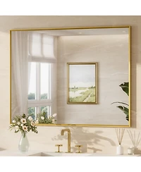 Keonjinn 54x30 Inch Brushed Gold Bathroom Vanity Mirror Metal Framed Over Sink Wall Mirror Horizontal/Vertical