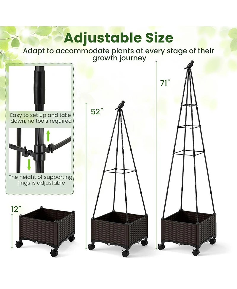 Sugift Raised Garden Bed Adjustable with Plant Box and Trellis with Lockable Wheels