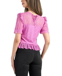 Bcx Junior's Heart Lace Puff Short-Sleeve Top