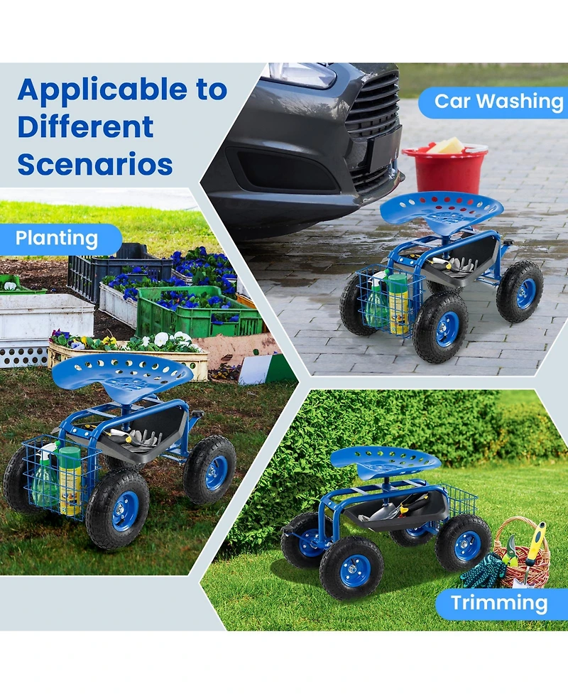 Sugift 4-Wheel Rolling Garden Cart Work Seat