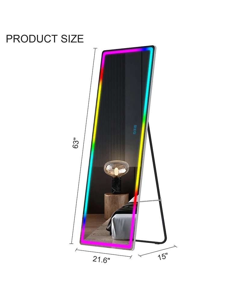 Vlsrka Wall-mounted or freestanding rectangular full-length mirror with adjustable Rgb lighting.