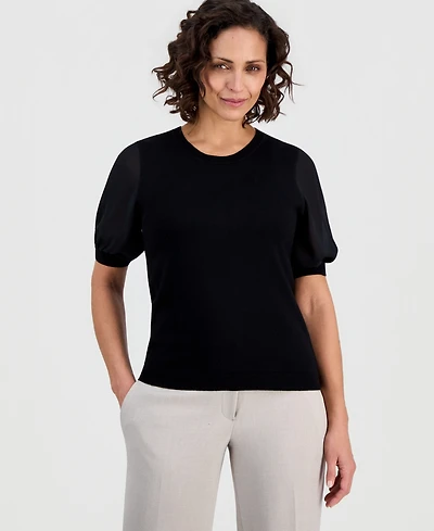 Kasper Petite Puffed-Sleeve Mixed-Media Top