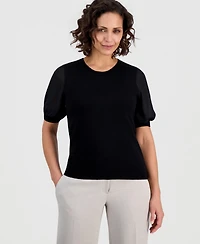 Kasper Petite Puffed-Sleeve Mixed-Media Top