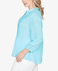 Ruby Rd. Plus Solid Silky Slub Pleated Button Front Top
