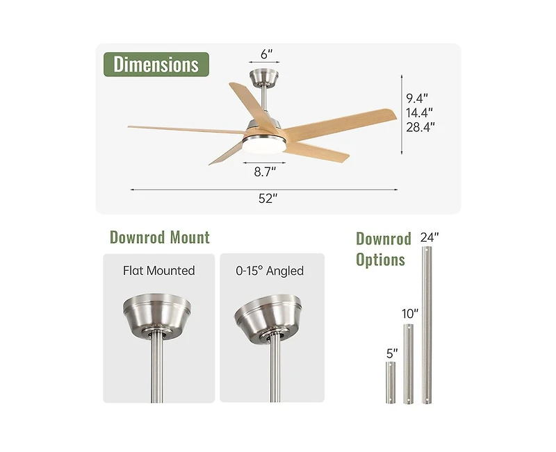 Sofucor 52-inch Modern Sand Nickel 5-Blade Tri-Color Dimming Ceiling Fan with Remote Control and Timing Function for Indoor