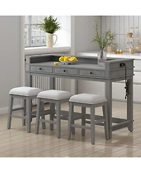 Maison Boucle 4-Piece Counter Height Dining Set with 3 Upholstered Stools, Storage Drawers & Usb Charging for Small Spaces