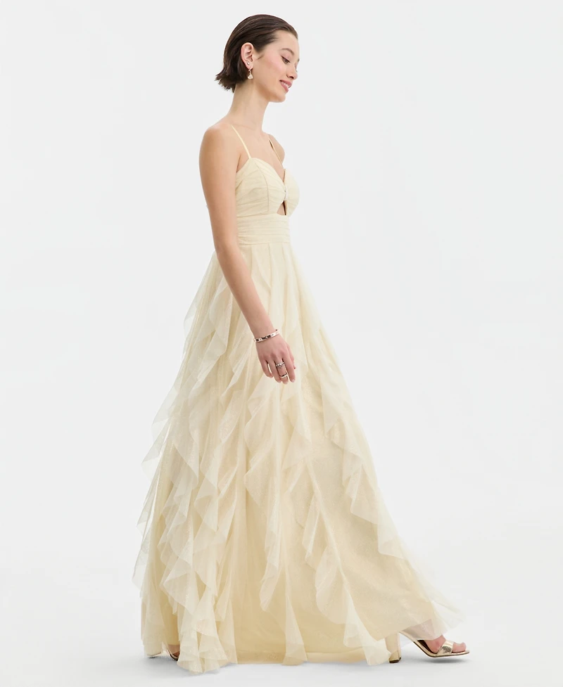 pear culture Juniors' Strappy Mesh Petal Ball Gown