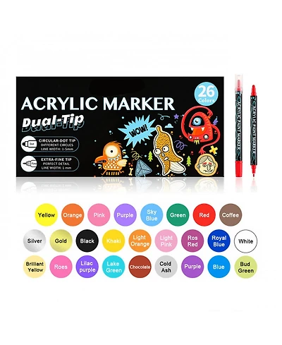 Htutwoo 26-Color Premium Acrylic Paint Pens – Dual Tip Markers for Wood, Canvas, Stone, Glass, Ceramic, Rock Painting & Pumpkin Crafts