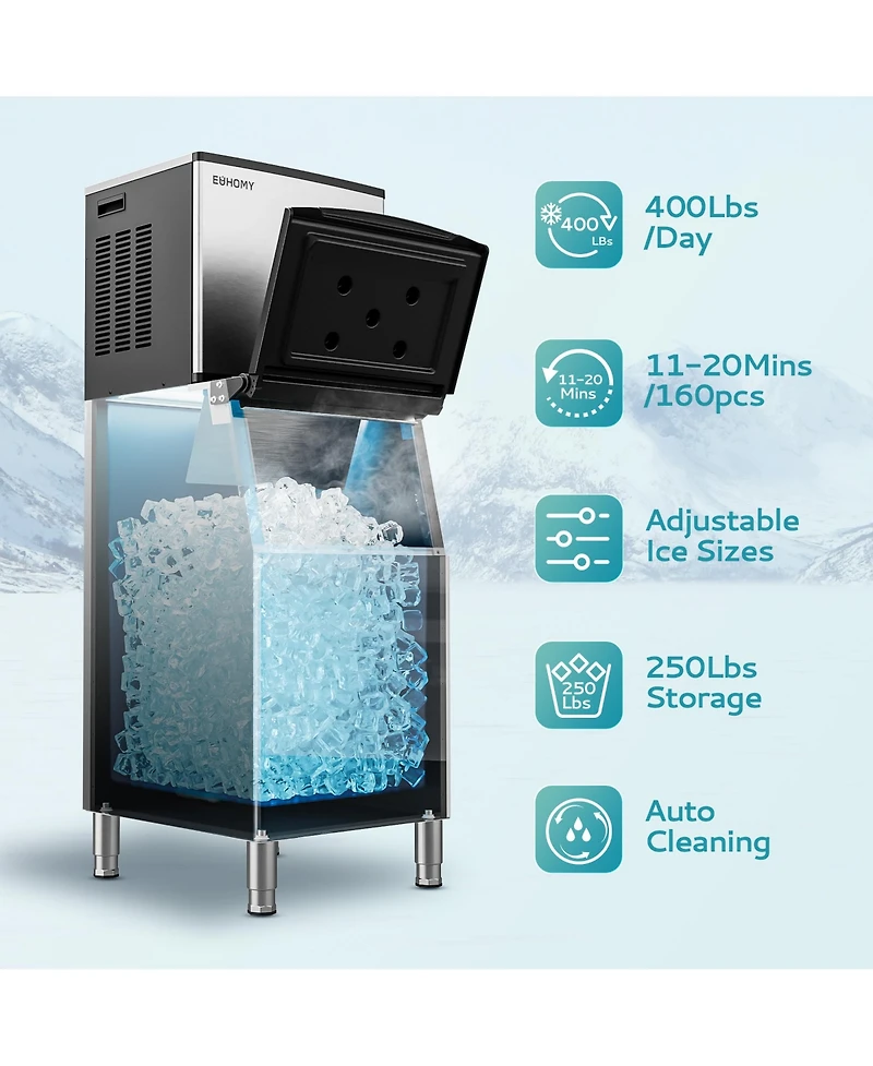 Euhomy 22.2-in 400Lbs/Day Commercial Cubed Ice Maker with Flip-up Door and 250Lbs Ice Storage Capacity