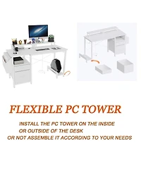 47" Office Desk with Power Outlet, 2 Monitor Stands, 2 Drawers, Side Pocket, Frame Stability Reversible, Computer Desk, Game Table, White
