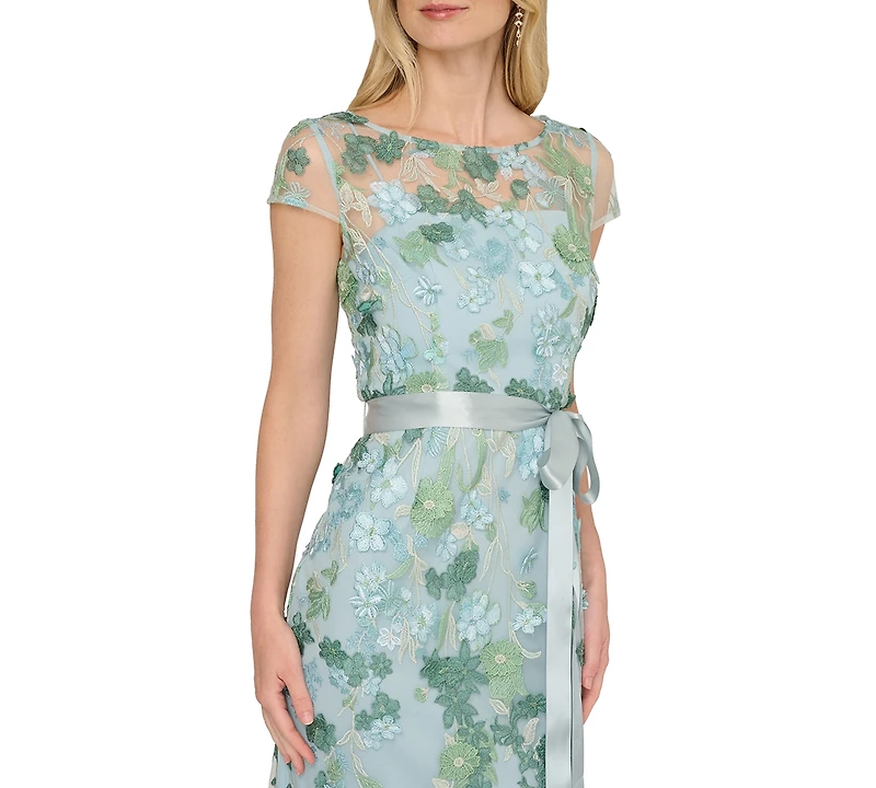 Adrianna Papell Women's Cascading Floral Column Short-Sleeve Gown