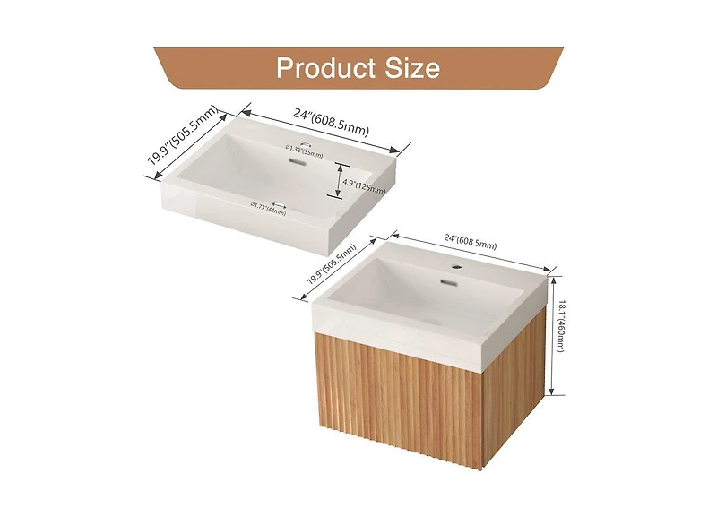 Boyel Living Bathroom Vanity – Wall-Mount, Floating Cabinet, Acacia Finish, Sink & Basin, Plywood Build