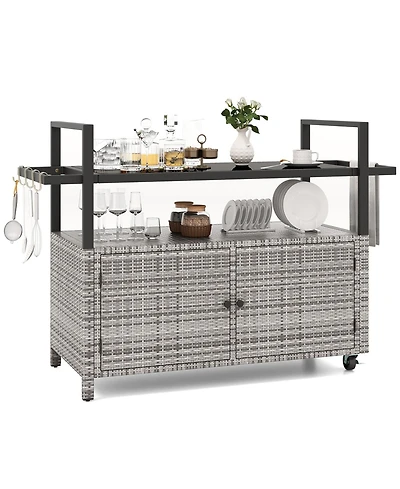 Sugift Outdoor Bar Cart Wicker Buffet Serving Cart with Cabinet and 8 Hooks