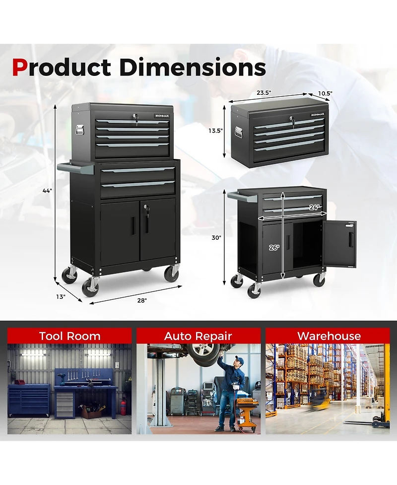 Sugift 6-Drawer Rolling Tool Storage Chest Cabinet with Universal Wheels and Hooks