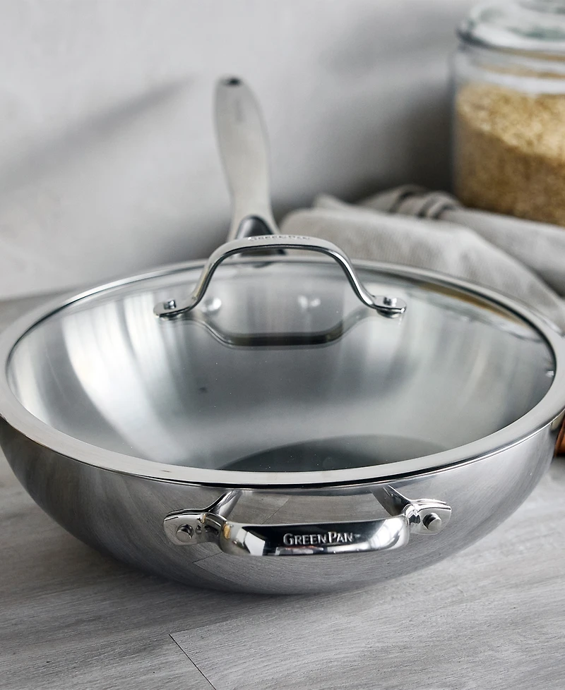 GreenPan Stainless Steel 12" Valencia Pro Uncoated Covered Wok with Lid