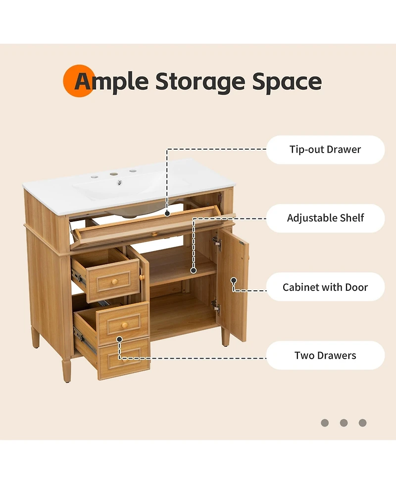 Boyel Living 36" Bathroom Vanity with Sink, Wood Vanity Cabinet with Flip-Out Drawer, Solid Wood & Mdf, Elegant Rubber Wood Handles