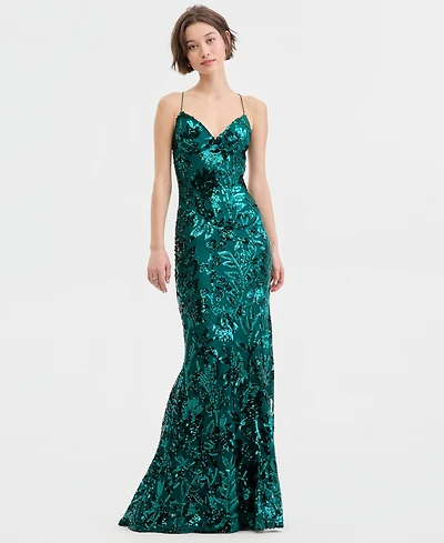 B Darlin Juniors' V-Neck Strappy Sequin Mermaid Gown