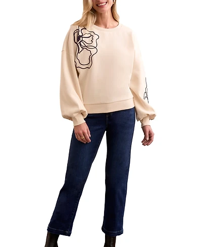 Tribal Women's French Terry Embroidered Drop Shoulder Crew Neck Top