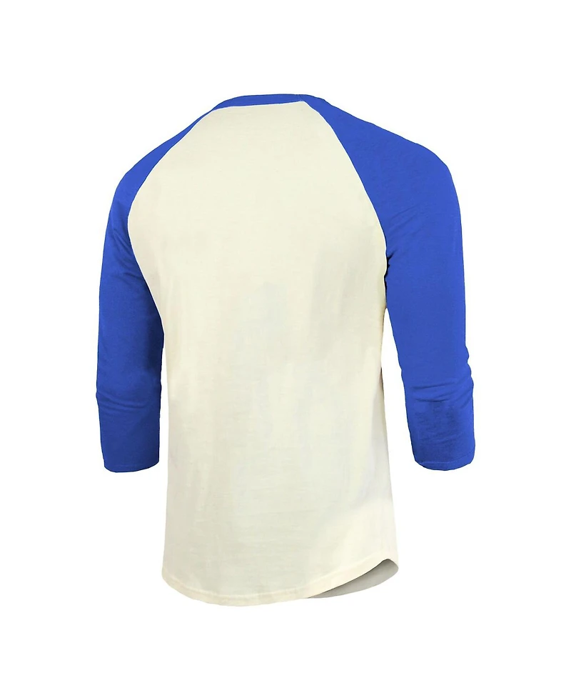 Majestic Threads Men's Cream/Royal Los Angeles Dodgers 2025 World Series Soft hand Tri-Blend 3/4 Sleeve Raglan T-Shirt