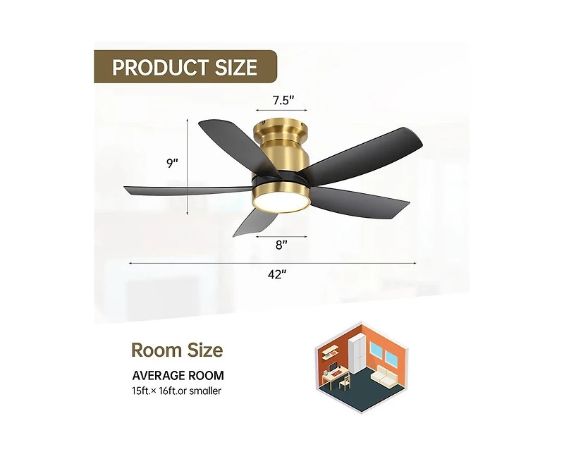 Sofucor 42-inch Modern Golden 5-Blade Ceiling Fan With 6-Speed Adjustable Wind Speed and Light Kit
