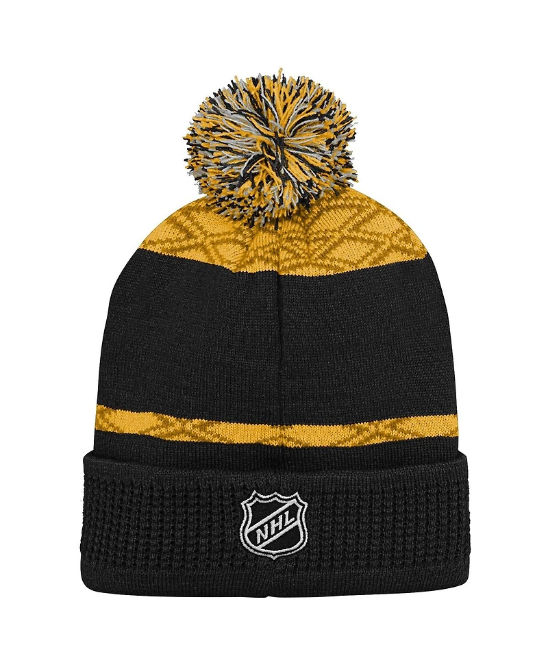 Outerstuff Big Boys and Girls Gold Boston Bruins Puck Pattern Cuffed with Pom Knit Hat