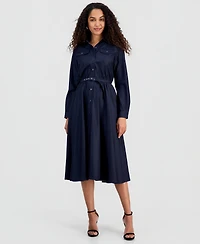 T Tahari Women's Belted Button Long-Sleeve Fit & Flare Dress