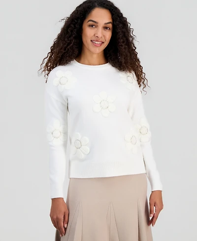 T Tahari Women's Dimensional Flowers Crewneck Sweater