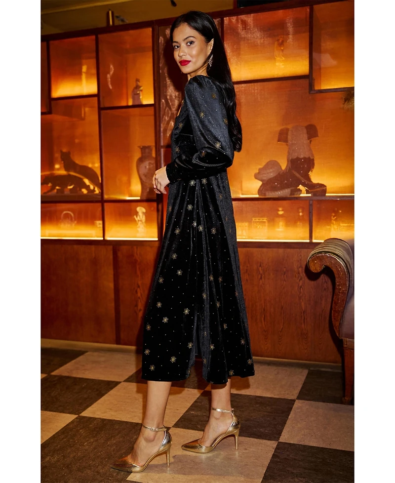 Yumi Women's Foil Print Velvet Midi Dress