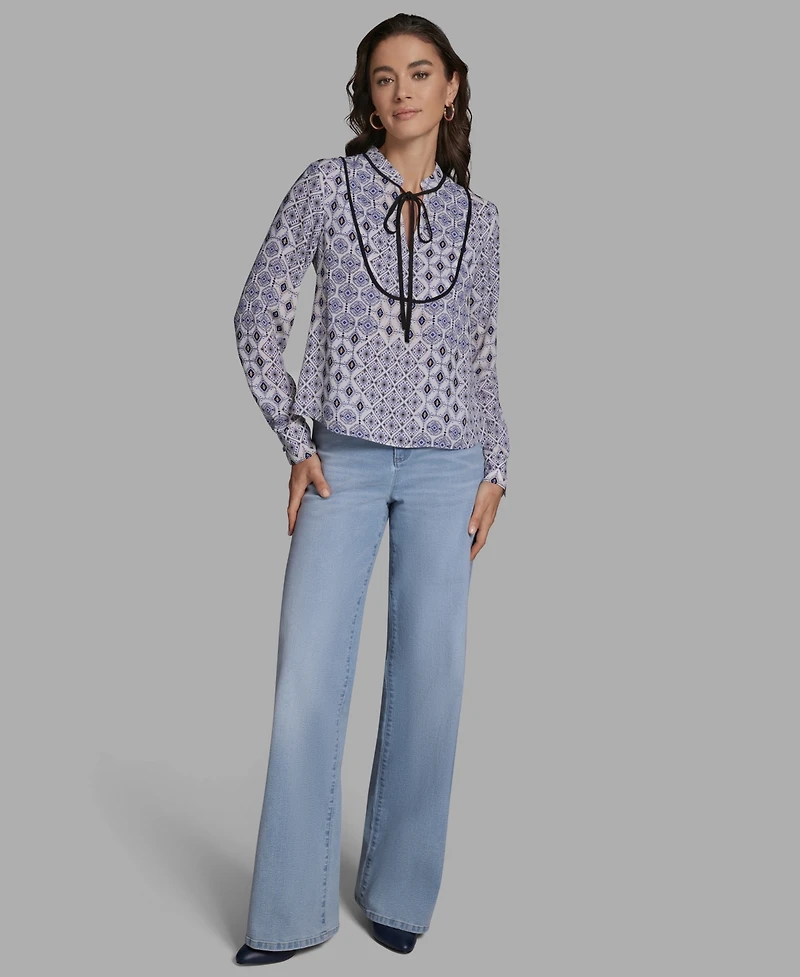 Bcbg Women's Tie-Collar Long-Sleeve Printed Top