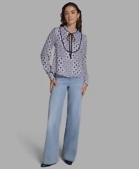 Bcbg Women's Tie-Collar Long-Sleeve Printed Top